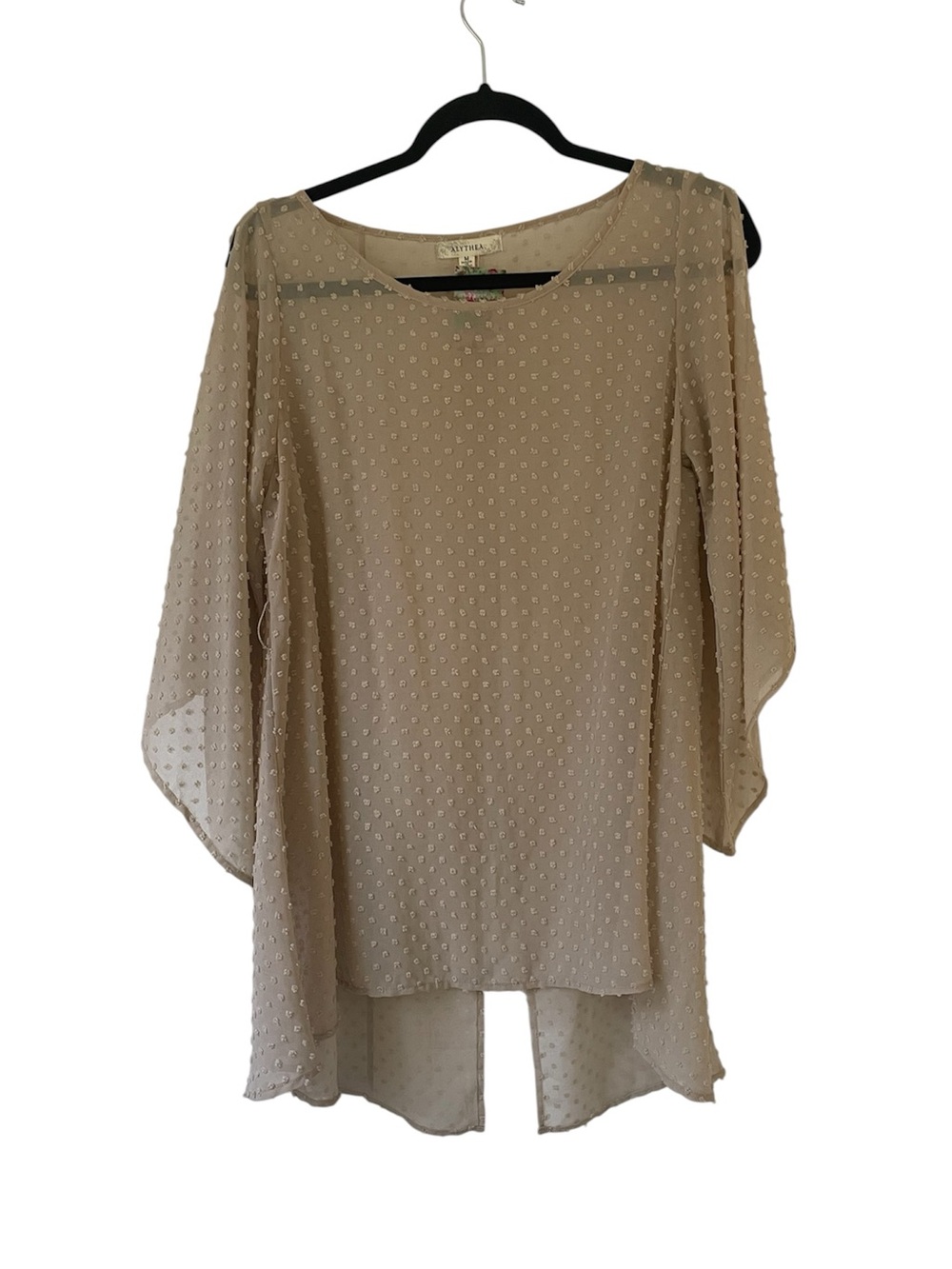 Alythea Swiss dots sheer tan cold shoulder blouse size medium